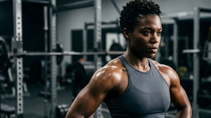 Fototapeta premium Strong Muscular Black Female Athlete Sweating After Intense Workout in Modern Gym Fitness Center