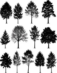 Fototapeta premium Assortment of black tree silhouettes of various types and shapes, on a white background