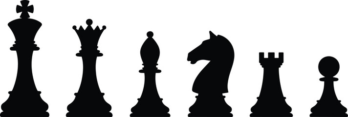 Silhouette collection of chess pieces, king, queen, bishop, knight, rook, pawn, strategy game symbols, vector illustration, design resource © It's Sumi Here