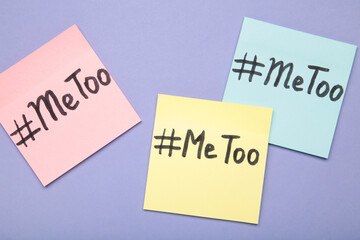 Sticker with text: me too on purple background. Symbol of new movement against sexual harassment against women