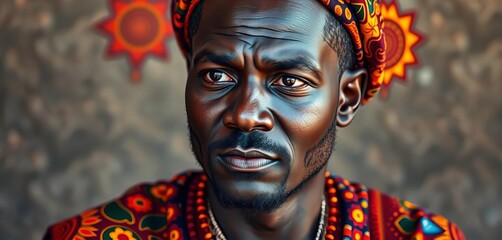 A confident individual with rich dark skin, adorned in vibrant traditional patterns, gazing thoughtfully,  africanart,  authentic