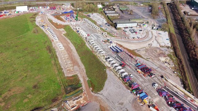 Aerial view of major HS2 rail construction works in Birmingham featuring rows of precast concrete castings for civil engineering in the UK