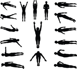 Silhouette collection of human figures, diverse postures, reclining, upright gestures, motion study, anatomy reference, vector illustration, design resource © It's Sumi Here