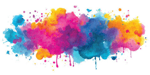 Fototapeta premium Vibrant Colorful Watercolor Splash Background with Ink Drops. Abstract Rainbow Paint Cloud and Artistic Watercolor Texture for Creative Header, Poster Design and Web Banner.