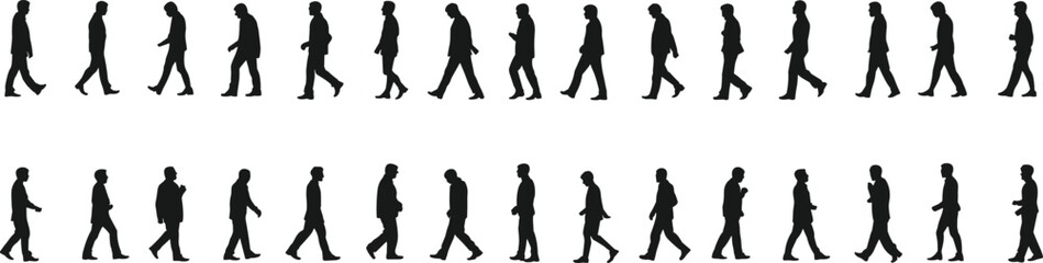 Silhouette sequence of walking cycle, human locomotion, stride progression, biomechanics study, animation reference, posture gesture, vector illustration, design resource