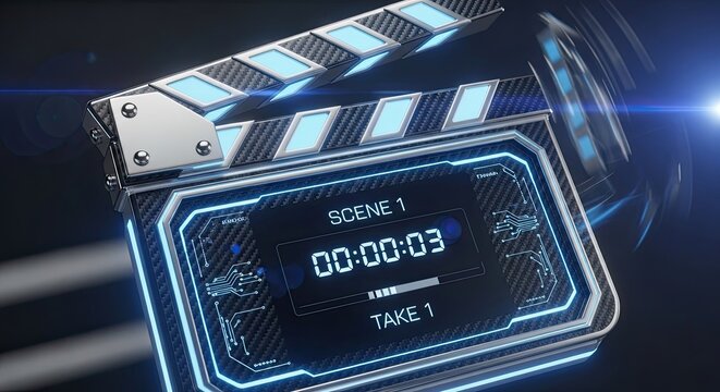 Digital movie clapperboard with neon lights and timer for film production