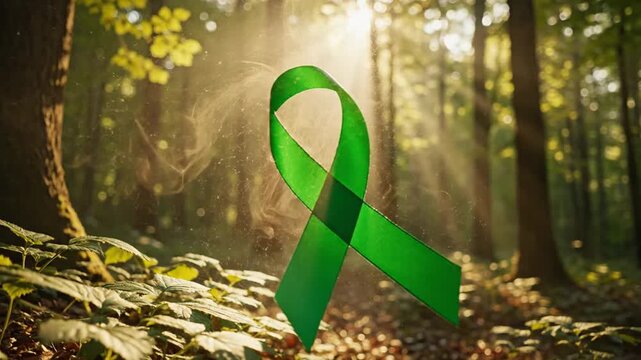 Green ribbon tied to a tree in sunlit forest symbolizing mental health awareness and support