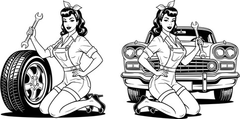 Retro pinup girl mechanic holding wrench kneeling by car and tire vintage garage service automotive repair illustration classic vector line art.