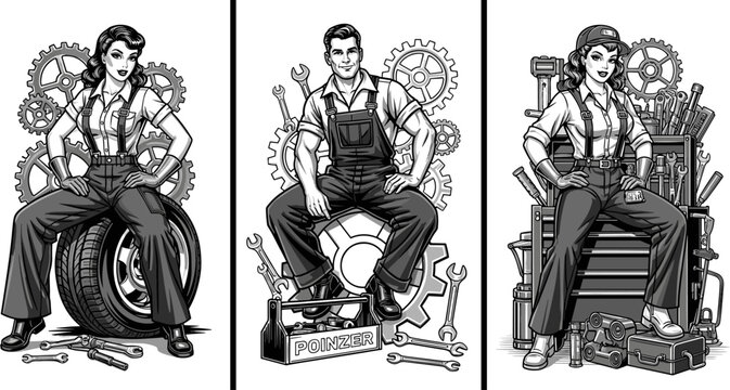 Professional auto mechanics set featuring vintage style man and woman repair experts with industrial gears tools tire and metal toolbox equipment