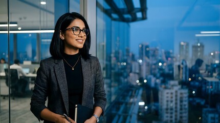 Obraz premium Successful Business Woman Looking at City Skyline from Modern Office Window at Dusk, Career Ambition