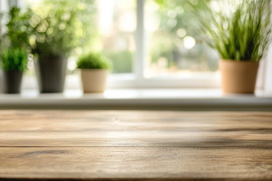 Wooden table view with plants on windowsill in kitchen space during daytime