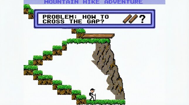 Hiker contemplates crossing mountain gap using wooden planks and sticks in pixel art landscape