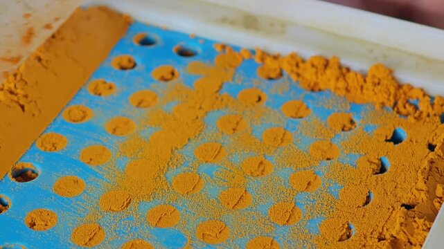 Manually filling turmeric curcumin powder into a capsules.