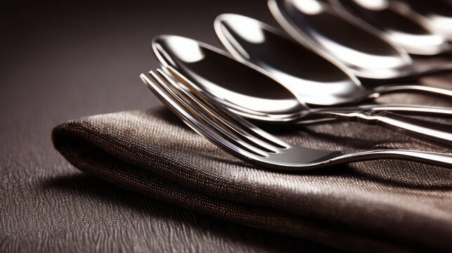 Gleaming silver cutlery set composed of spoons and forks arranged elegantly on a textured cloth for dining presentation