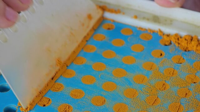 Manually filling turmeric curcumin powder into a capsules.