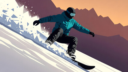 Illustration of an active snowboarder gliding at extreme speed on a snowy mountain slope against a winter twilight sky backdrop
