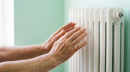 Elderly hands warming up by the radiator in a cozy indoor setting  