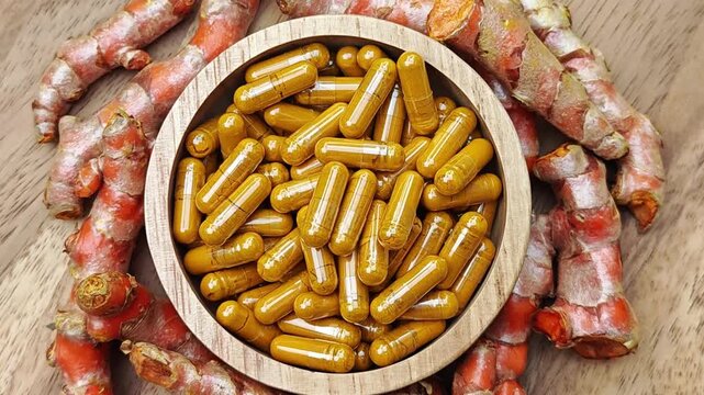 Turmeric curcumin capsules with rhizome (root).