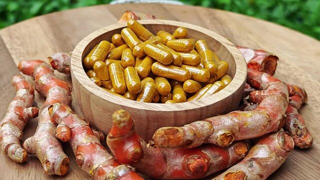 Turmeric curcumin capsules with rhizome (root).