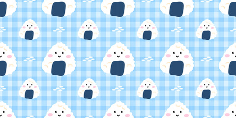 Sushi cute japanese and kawaii pattern food with seamless vector anime. Emoji baby manga background with print design fish. Funny sushi shrimp and texture kawaii wasabi. © alia.kurianova