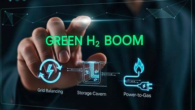 Hand touching technology screen for green hydrogen concept and energy transition.