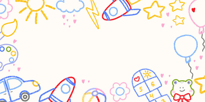 Cute crayon square frame of kindergarten drawing, frog, car, rocket, cloud, sun illustration. Designed for kindergarten templates, kids birthday banners, cheerful preschool graphics