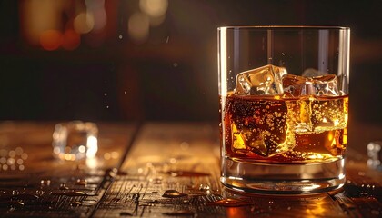 ウイスキーグラスの中に入った氷の写真