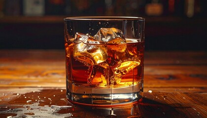 ウイスキーグラスの中に入った氷の写真
