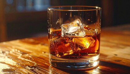 ウイスキーグラスの中に入った氷の写真