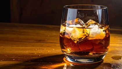 ウイスキーグラスの中に入った氷の写真