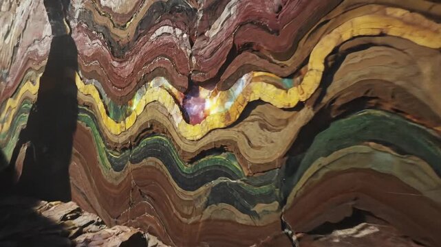 Layered cross section of earth reveals swirling colorful strata and fractured terrain