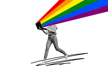 Composite collage picture image of black white colors girl use laptop lgbt rainbow isolated on...