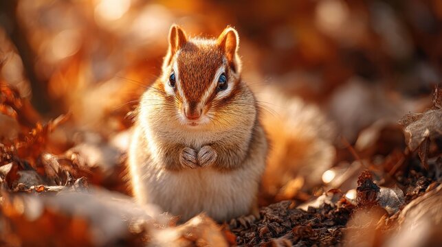 A cute chipmunk with bulging cheeks sits amongst autumn leaves preparing for winter