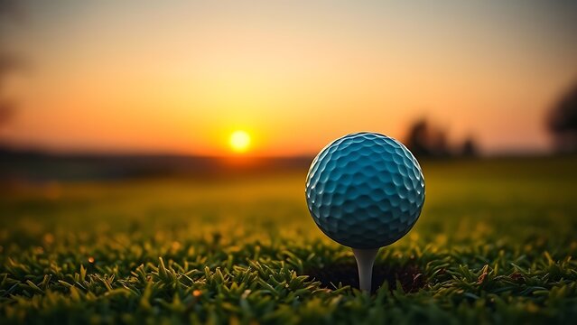 Golf ball on tee during golden hour, warm sunset glow over the course landscape. inspiring travel planning, event key visuals, designed for sports event promotions and stadium branding.