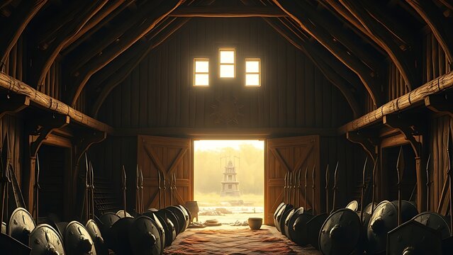 A grand Viking longhouse with open oak doors and golden light on shields outside. real-estate listings, architecture portfolios, designed for interior renovation comparisons for interiors.