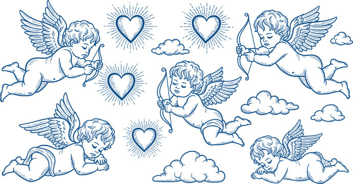 Whimsical blue cherubs and hearts illustration