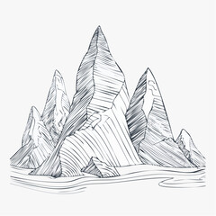 Obraz premium Hand-drawn sketch of majestic mountain peaks with a serene river flowing below