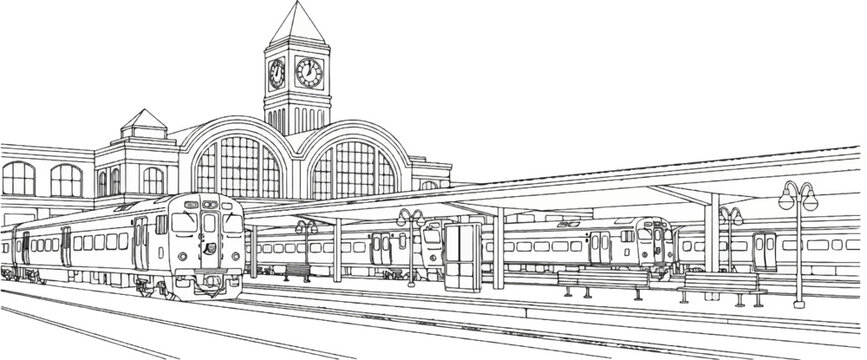 Detailed line drawing of a train station with a clock tower and waiting trains