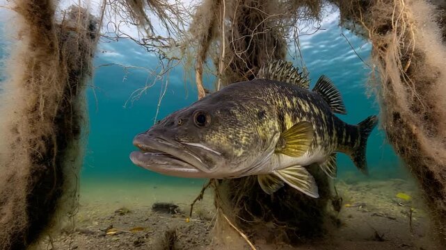 Graceful Walleye Fish Swimming Through Clear Blue Water Amongst Submerged Roots and Algae.