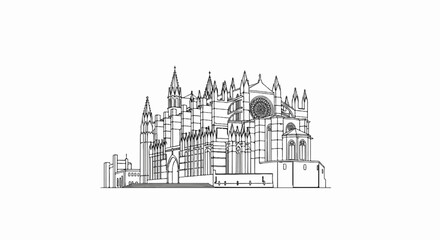Obraz premium Detailed line drawing of a large gothic cathedral with spires and a rose window