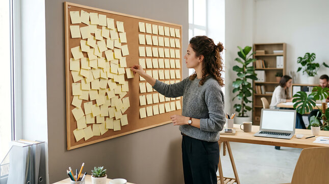 Woman organizing sticky notes on corkboard in modern office for agile workflow planning project management task prioritization and productivity teamwork