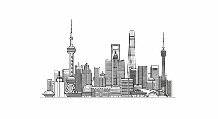 Detailed line art sketch of a modern city skyline with tall skyscrapers and towers