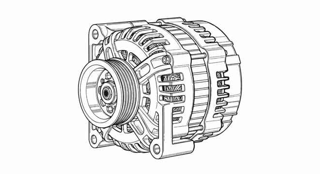 Detailed line drawing of a car alternator with a pulley
