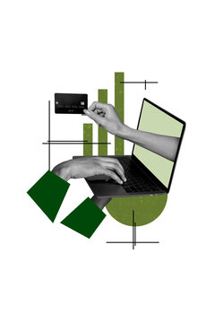 Creative abstract template collage of&nbsp;hands ecommerce netbook credit card payment buying unusual fantasy billboard comics