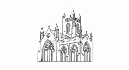 Gothic church building with tall spire and arched windows, line drawing