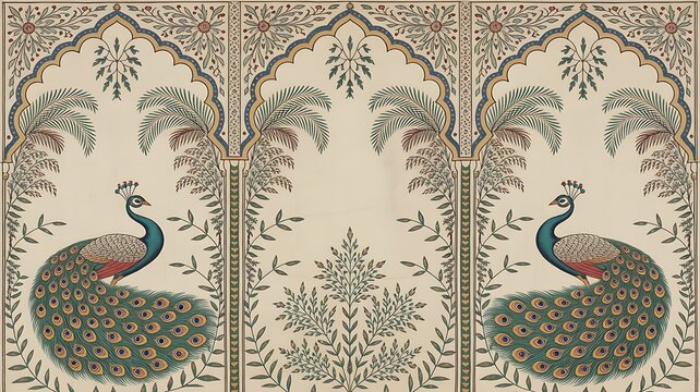 Elegant peacock and white mughal palace illustration