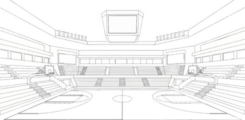 Interior view of an empty, outline-style basketball arena with tiered seating
