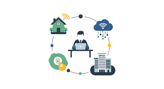 Hybrid Work Model: Employee Connecting Remote Home, Cloud Services, and Traditional Office. Digital Transformation & Modern Workforce Management Concept.