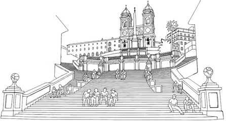 Fototapeta premium Stylized line drawing of an ornate, multi-tiered staircase adorned with people and a grand structure