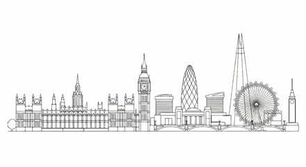 Fototapeta premium Outline sketch of iconic London skyline including Big Ben and a Ferris wheel